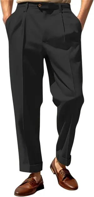 Men's Pleated Dress Pants Classic Business Straight Leg Casual Pants Outdoor Baggy Wide Leg Suit Trousers with Pocket