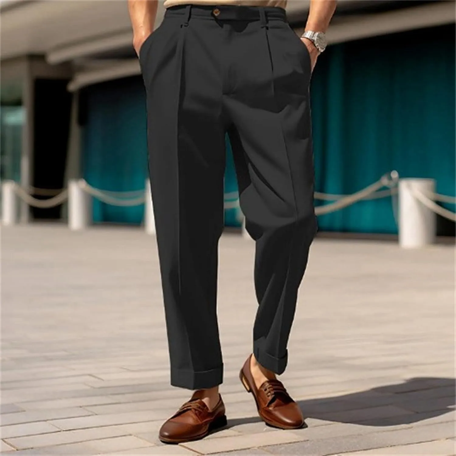 Men's Pleated Dress Pants Classic Business Straight Leg Casual Pants Outdoor Baggy Wide Leg Suit Trousers with Pocket