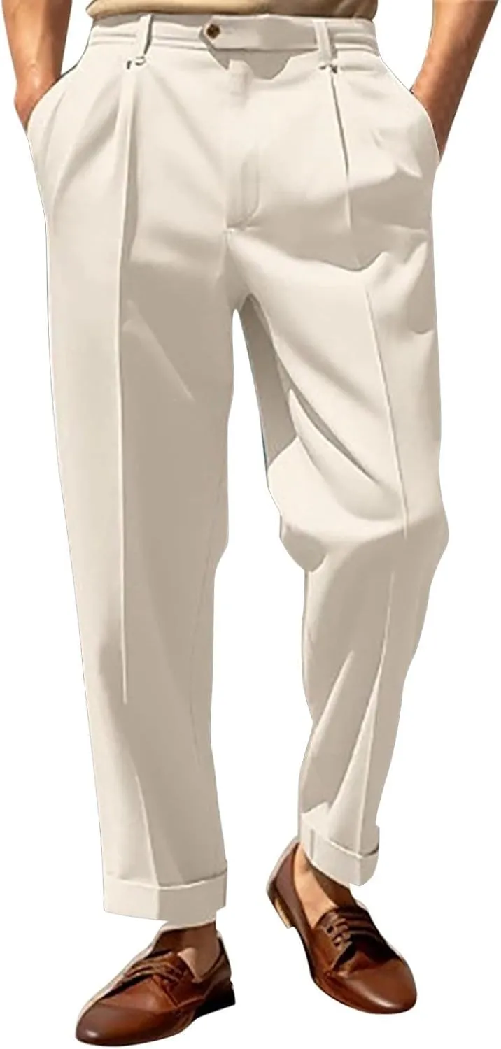 Men's Pleated Dress Pants Classic Business Straight Leg Casual Pants Outdoor Baggy Wide Leg Suit Trousers with Pocket