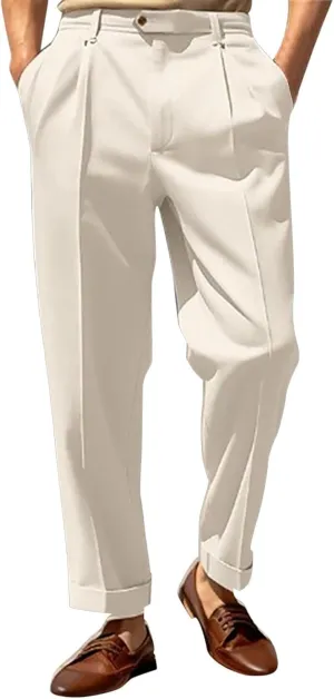 Men's Pleated Dress Pants Classic Business Straight Leg Casual Pants Outdoor Baggy Wide Leg Suit Trousers with Pocket