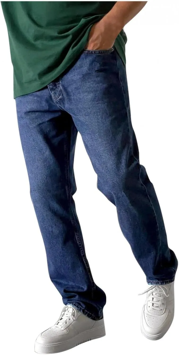 Men's Relaxed Fit Flex Jeans Solid Classic Regular Straight Leg Jean Casual Loose Fit Trousers with Pockets for Daily