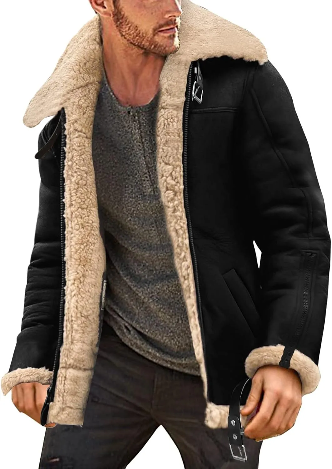 Mens Sherpa Fleece Lined Winter Coat Warm Suede Leather Outdoor Casual Faux Shearling Sheepskin Fur Collar Jackets,B1-Black,Large