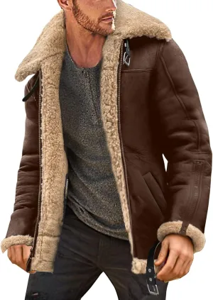 Mens Sherpa Fleece Lined Winter Coat Warm Suede Leather Outdoor Casual Faux Shearling Sheepskin Fur Collar Jackets,F1-Brown,Large