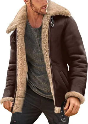 Mens Sherpa Fleece Lined Winter Coat Warm Suede Leather Outdoor Casual Faux Shearling Sheepskin Fur Collar Jackets,H1-Brown,X-Large