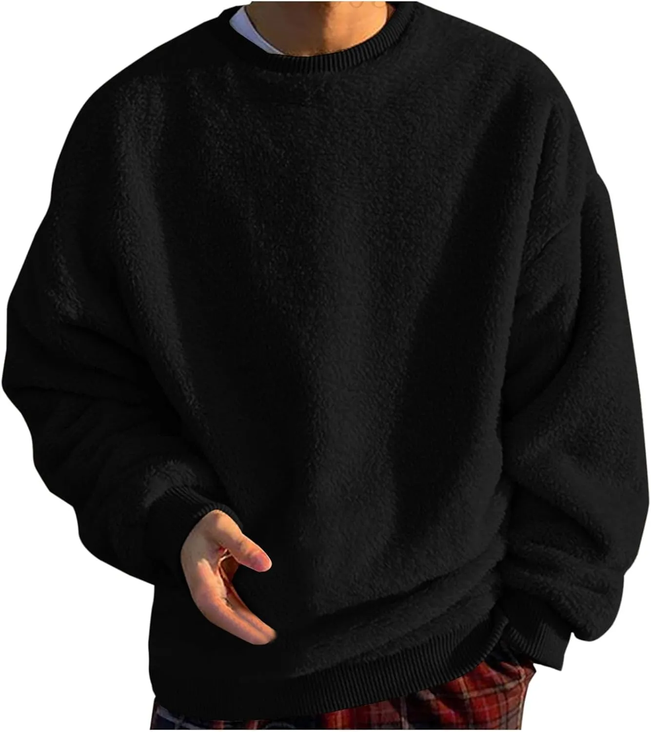 Men's Sherpa Fleece Oversized Sweatshirts Fuzzy Furry Crewneck Sweatshirt Soft Comfort Double-Sided Plush Sweatshirts