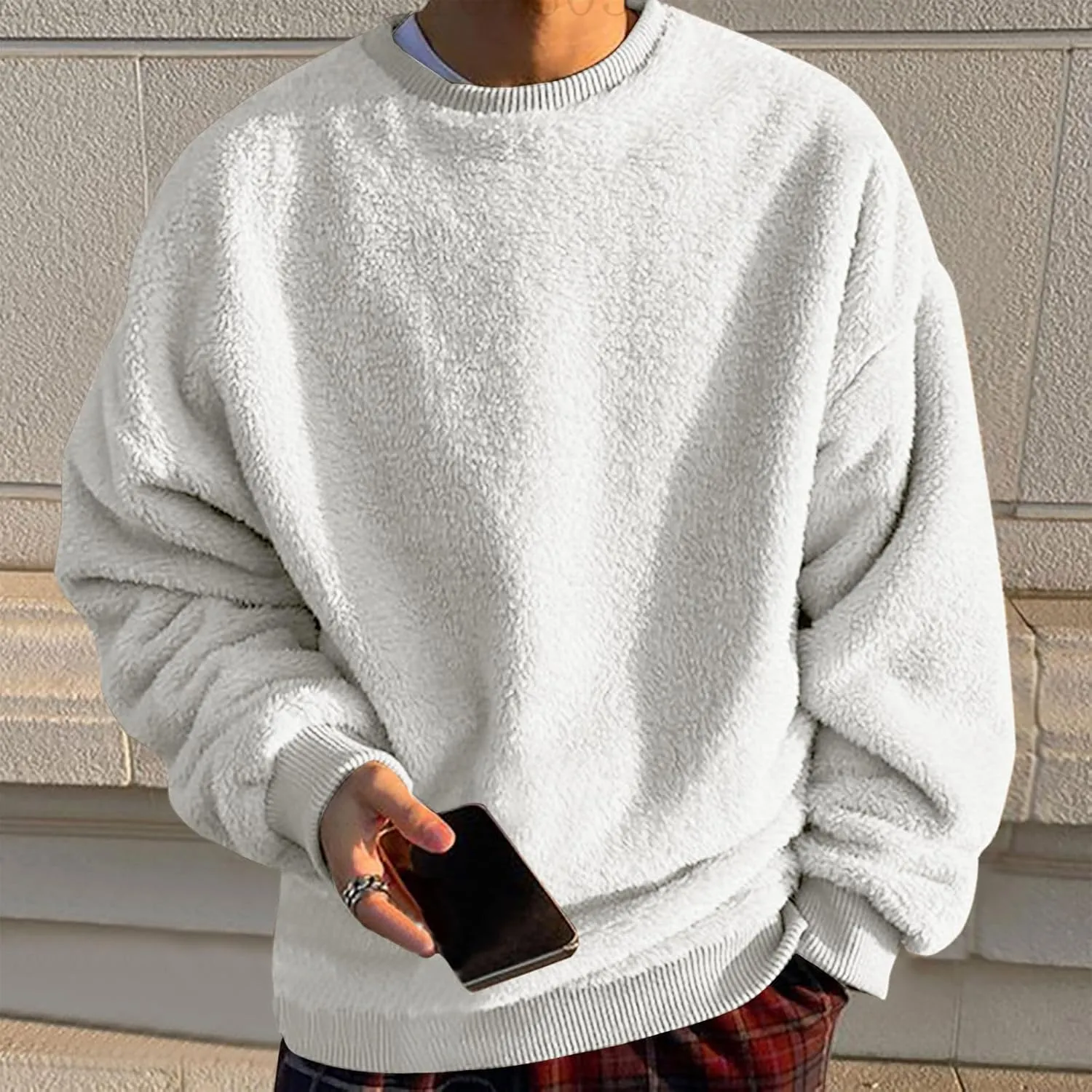 Men's Sherpa Fleece Oversized Sweatshirts Fuzzy Furry Crewneck Sweatshirt Soft Comfort Double-Sided Plush Sweatshirts