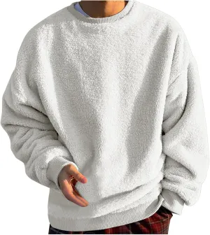 Men's Sherpa Fleece Oversized Sweatshirts Fuzzy Furry Crewneck Sweatshirt Soft Comfort Double-Sided Plush Sweatshirts