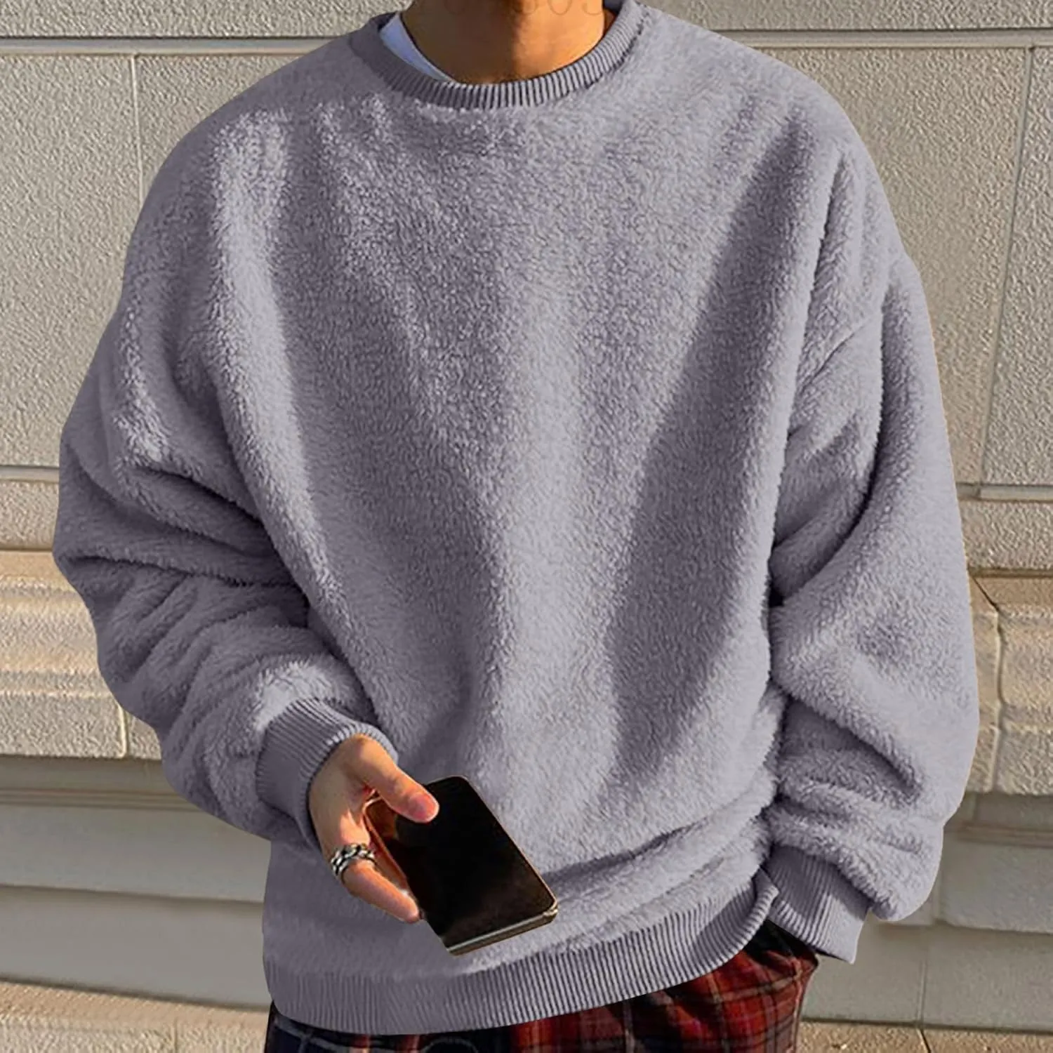 Men's Sherpa Fleece Oversized Sweatshirts Fuzzy Furry Crewneck Sweatshirt Soft Comfort Double-Sided Plush Sweatshirts