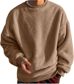 Men's Sherpa Fleece Oversized Sweatshirts Fuzzy Furry Crewneck Sweatshirt Soft Comfort Double-Sided Plush Sweatshirts