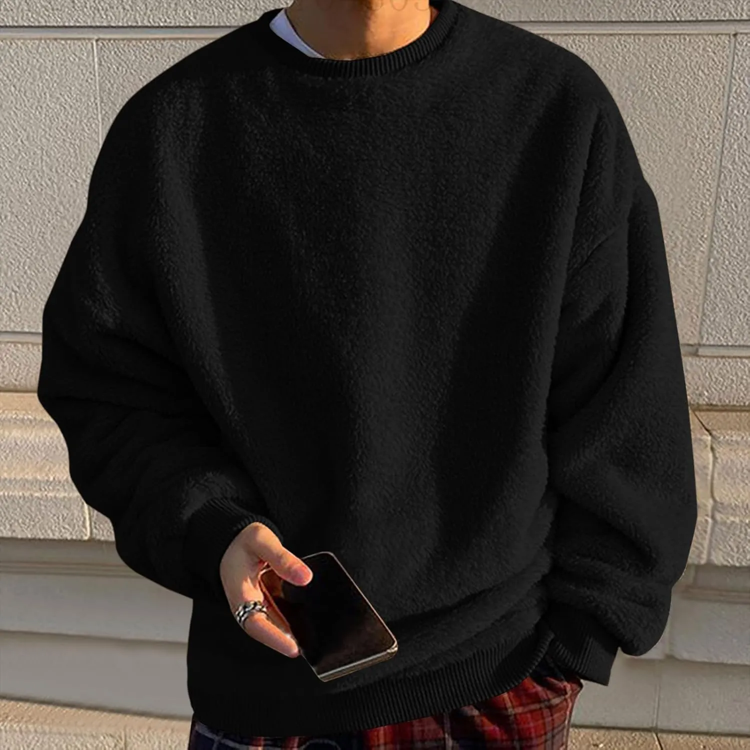 Men's Sherpa Fleece Oversized Sweatshirts Fuzzy Furry Crewneck Sweatshirt Soft Comfort Double-Sided Plush Sweatshirts
