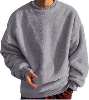 Men's Sherpa Fleece Oversized Sweatshirts Fuzzy Furry Crewneck Sweatshirt Soft Comfort Double-Sided Plush Sweatshirts