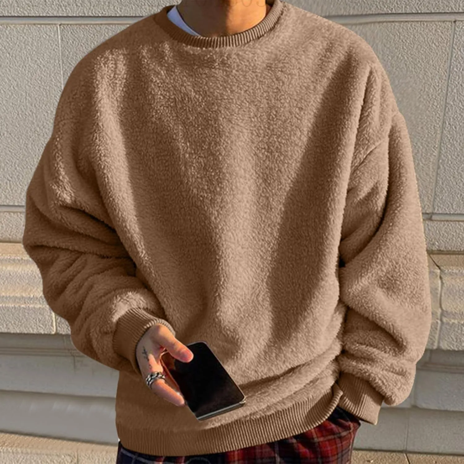 Men's Sherpa Fleece Oversized Sweatshirts Fuzzy Furry Crewneck Sweatshirt Soft Comfort Double-Sided Plush Sweatshirts