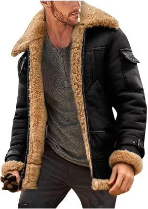 Mens Sherpa Lined Leather Jacket Fleece Lined Long Sleeve Coat Faux Fur Winter Overcoats Casual Fashion Coats