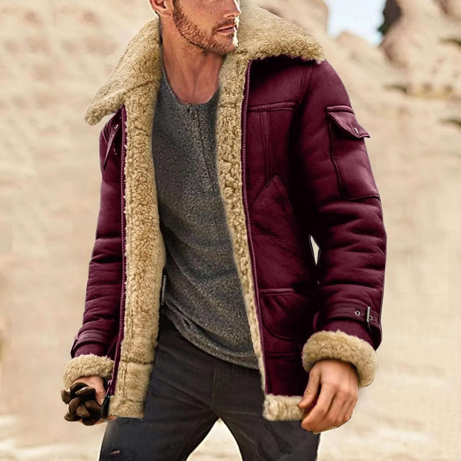 Mens Sherpa Lined Leather Jacket Fleece Lined Long Sleeve Coat Faux Fur Winter Overcoats Casual Fashion Coats
