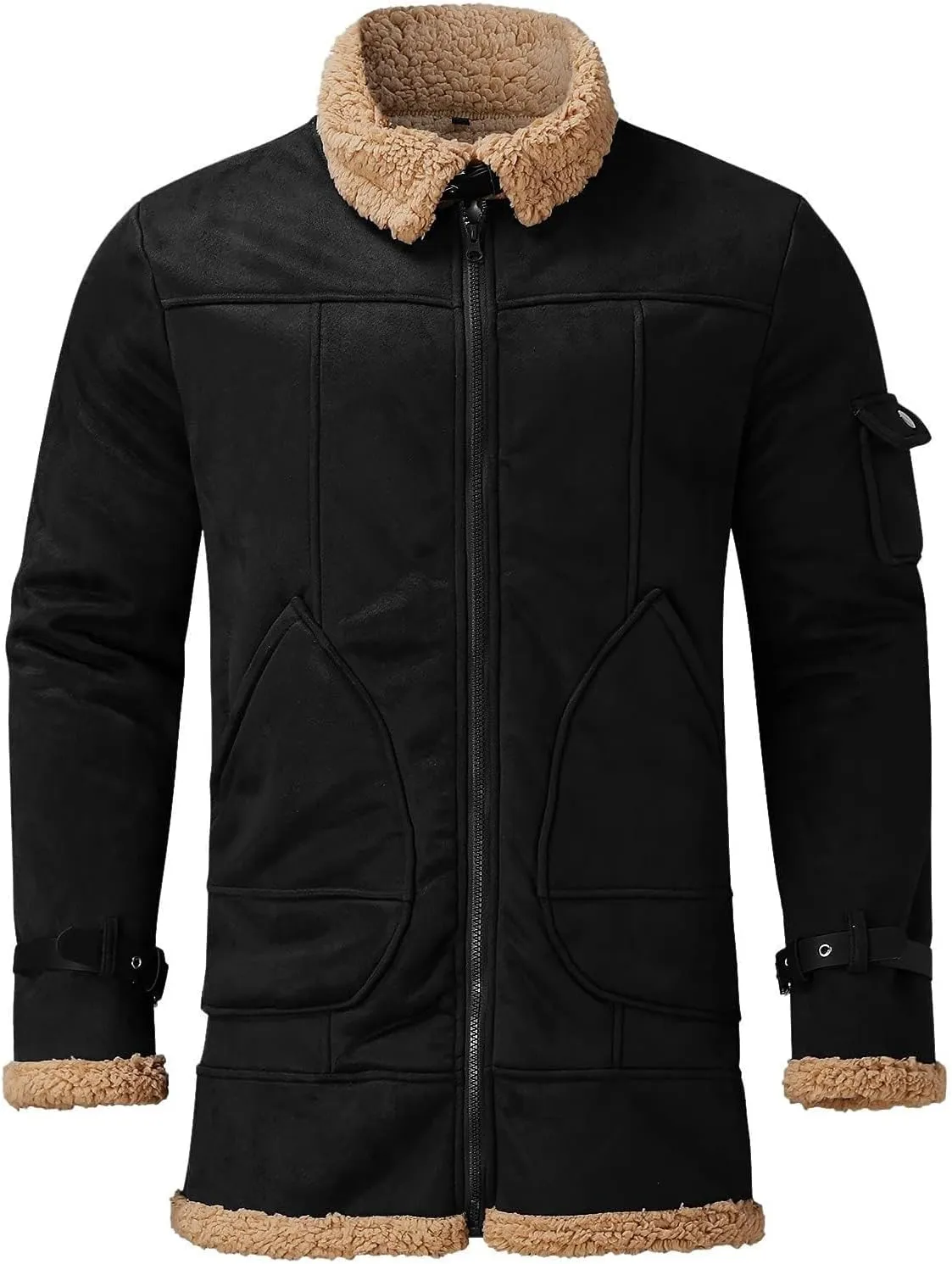 Mens Sherpa Lined Leather Jacket Fleece Lined Long Sleeve Coat Faux Fur Winter Overcoats Casual Fashion Coats