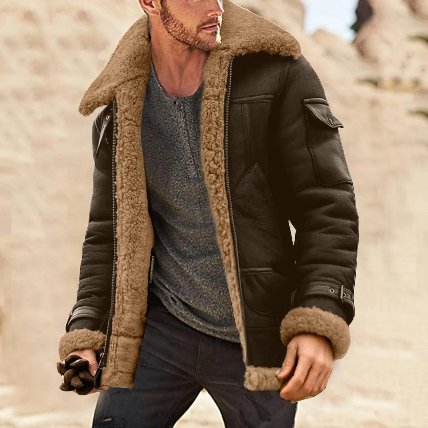 Mens Sherpa Lined Leather Jacket Fleece Lined Long Sleeve Coat Faux Fur Winter Overcoats Casual Fashion Coats