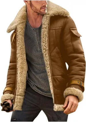 Mens Sherpa Lined Leather Jacket Fleece Lined Long Sleeve Coat Faux Fur Winter Overcoats Casual Fashion Coats