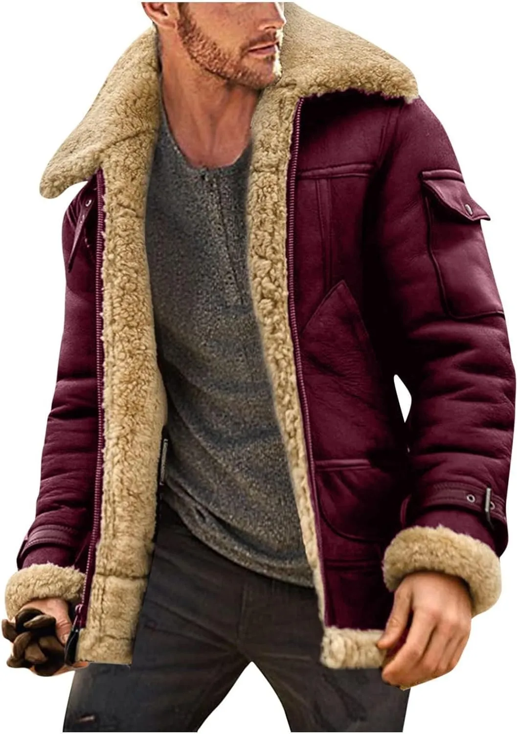 Mens Sherpa Lined Leather Jacket Fleece Lined Long Sleeve Coat Faux Fur Winter Overcoats Casual Fashion Coats