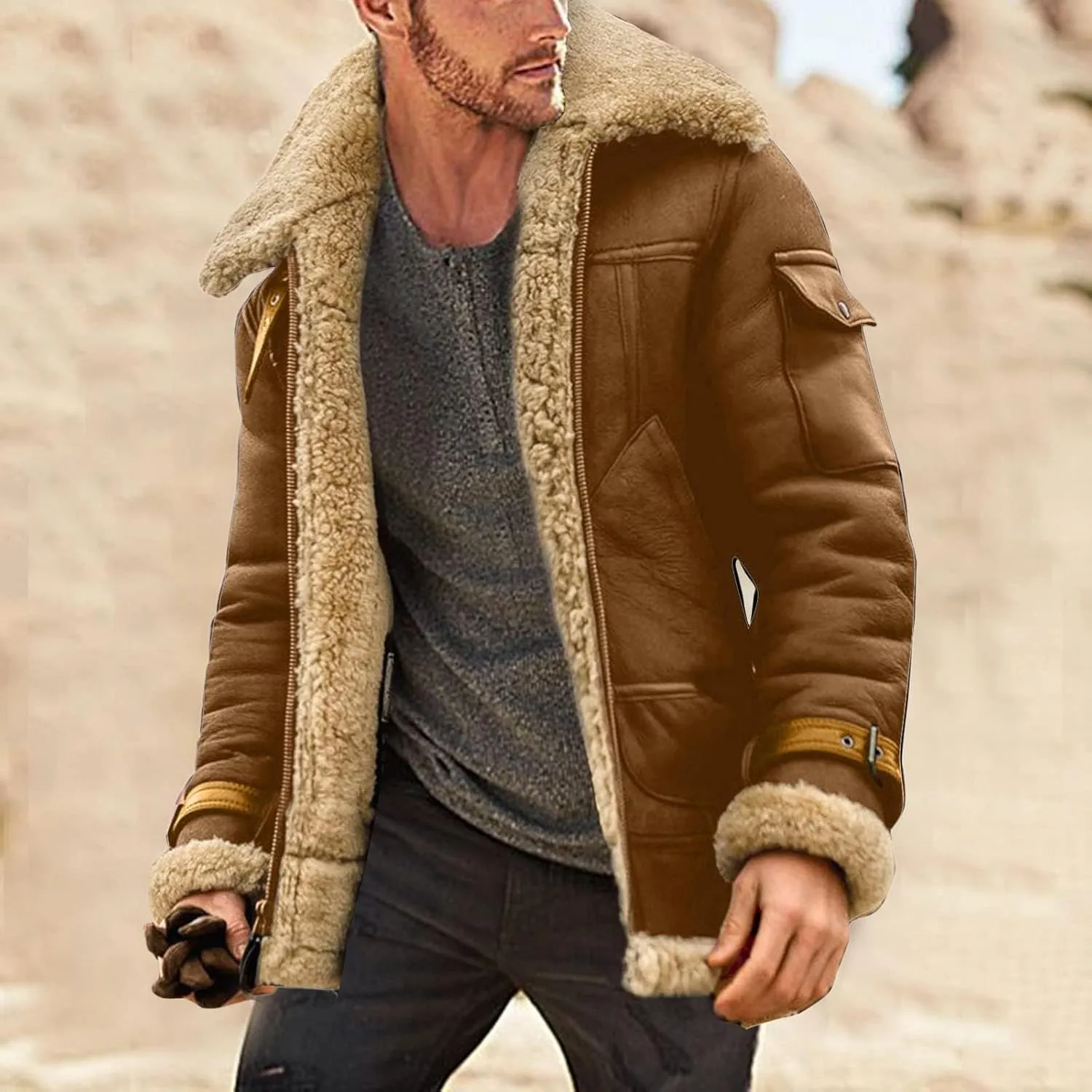 Mens Sherpa Lined Leather Jacket Fleece Lined Long Sleeve Coat Faux Fur Winter Overcoats Casual Fashion Coats