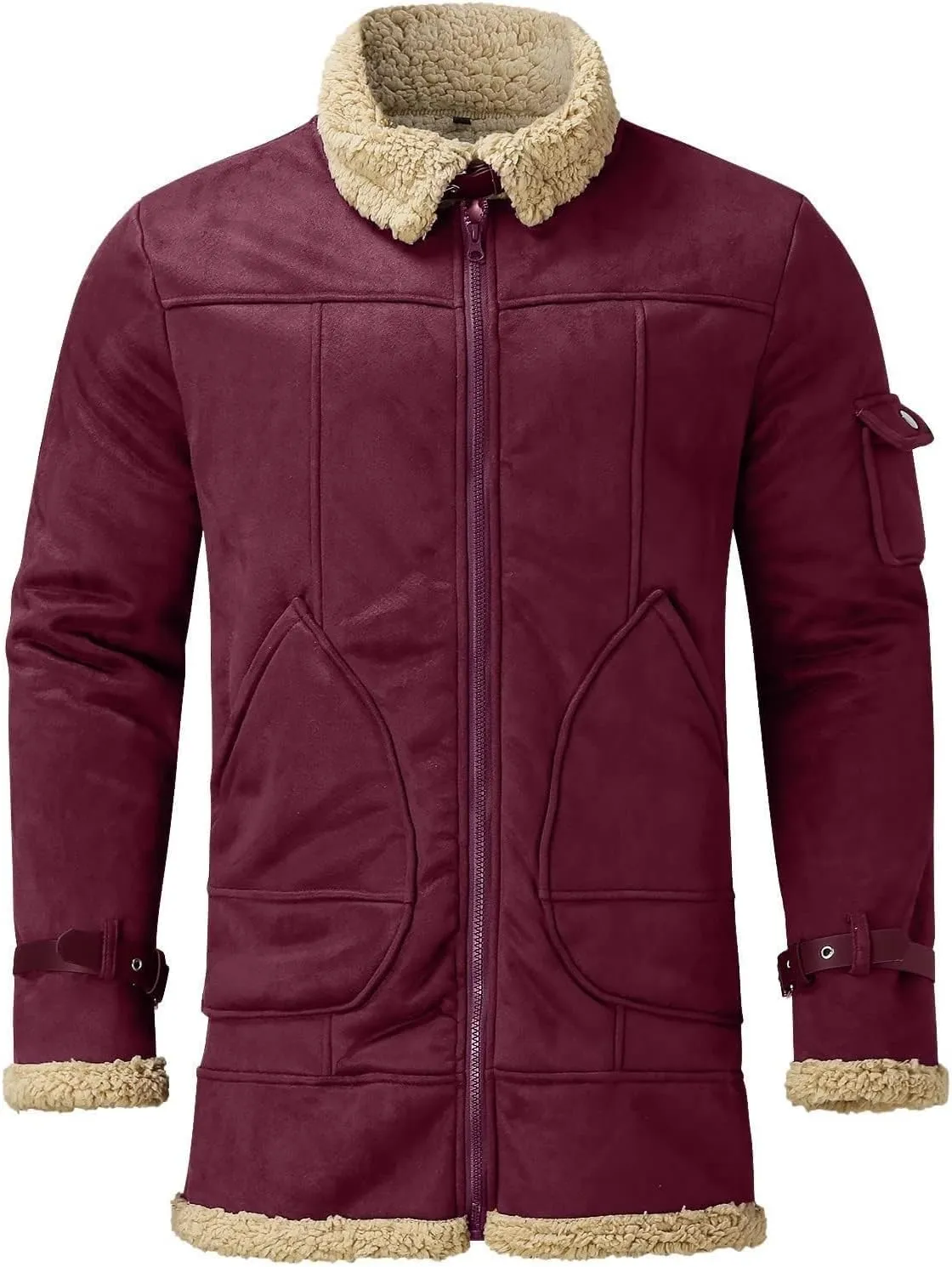 Mens Sherpa Lined Leather Jacket Fleece Lined Long Sleeve Coat Faux Fur Winter Overcoats Casual Fashion Coats