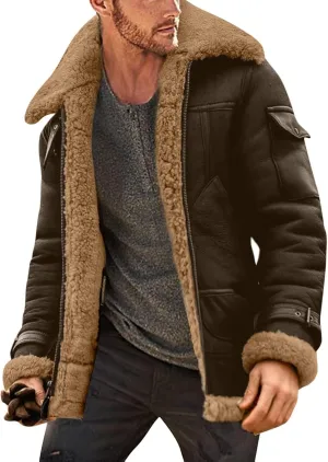 Mens Sherpa Lined Leather Jacket Fleece Lined Long Sleeve Coat Faux Fur Winter Overcoats Casual Fashion Coats