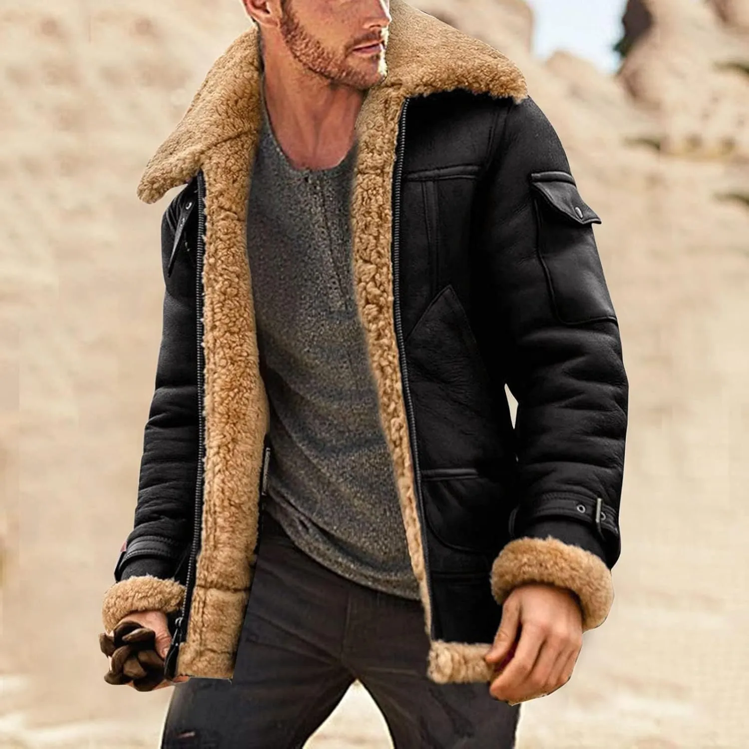 Mens Sherpa Lined Leather Jacket Fleece Lined Long Sleeve Coat Faux Fur Winter Overcoats Casual Fashion Coats