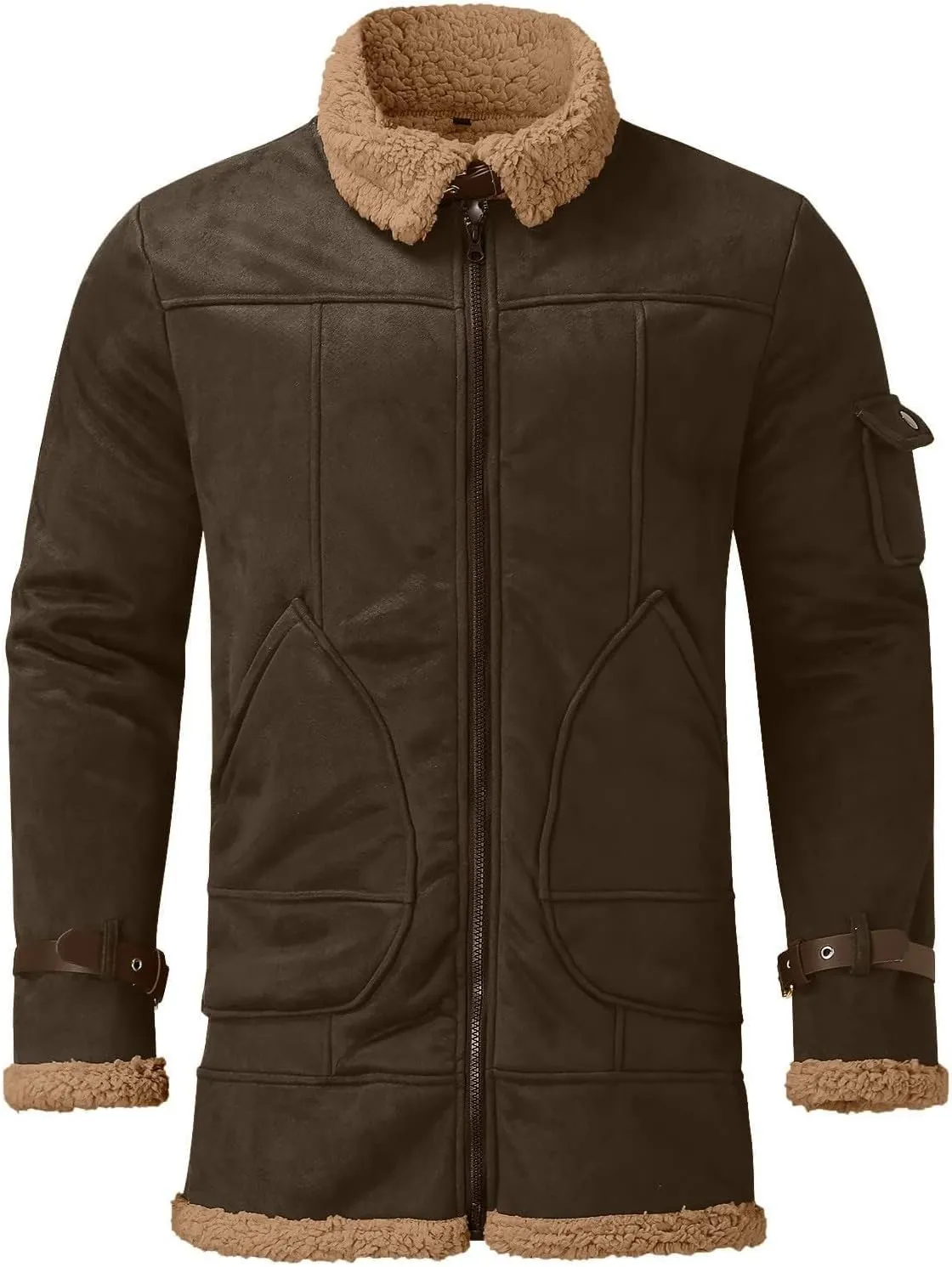 Mens Sherpa Lined Leather Jacket Fleece Lined Long Sleeve Coat Faux Fur Winter Overcoats Casual Fashion Coats