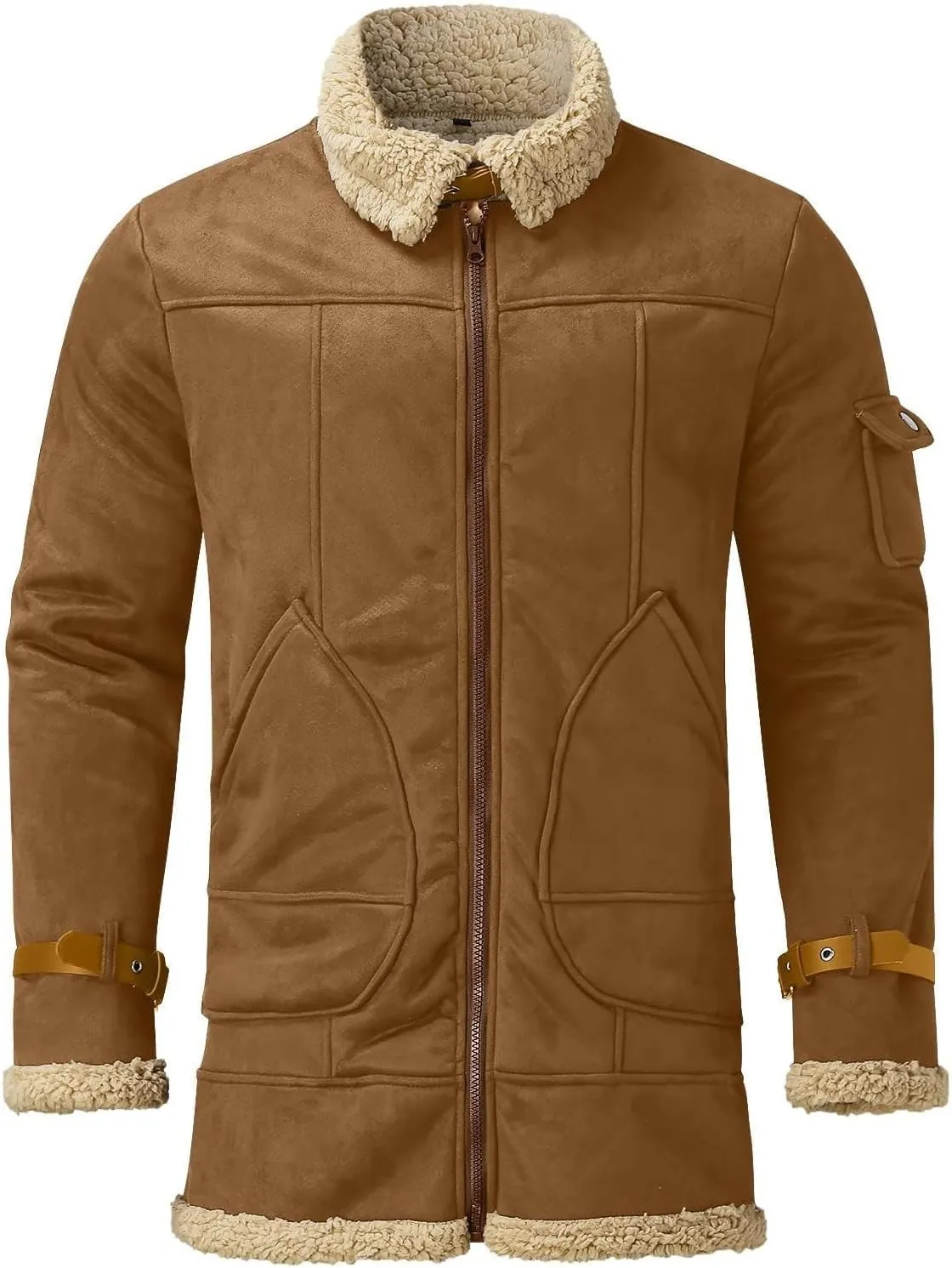 Mens Sherpa Lined Leather Jacket Fleece Lined Long Sleeve Coat Faux Fur Winter Overcoats Casual Fashion Coats