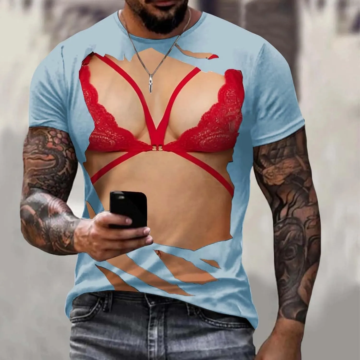 Men's Short Sleeve T Shirt Funny Bra Pattern Printing 3D Shirts Novelty Big and Tall Crewneck Casual Cotton Tee Tops