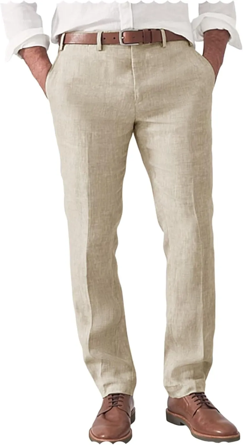 Men's Slim Fit Linen Blend Dress Pants Casual Lightweight Summer Beach Trousers