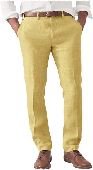 Men's Slim Fit Linen Blend Dress Pants Casual Lightweight Summer Beach Trousers