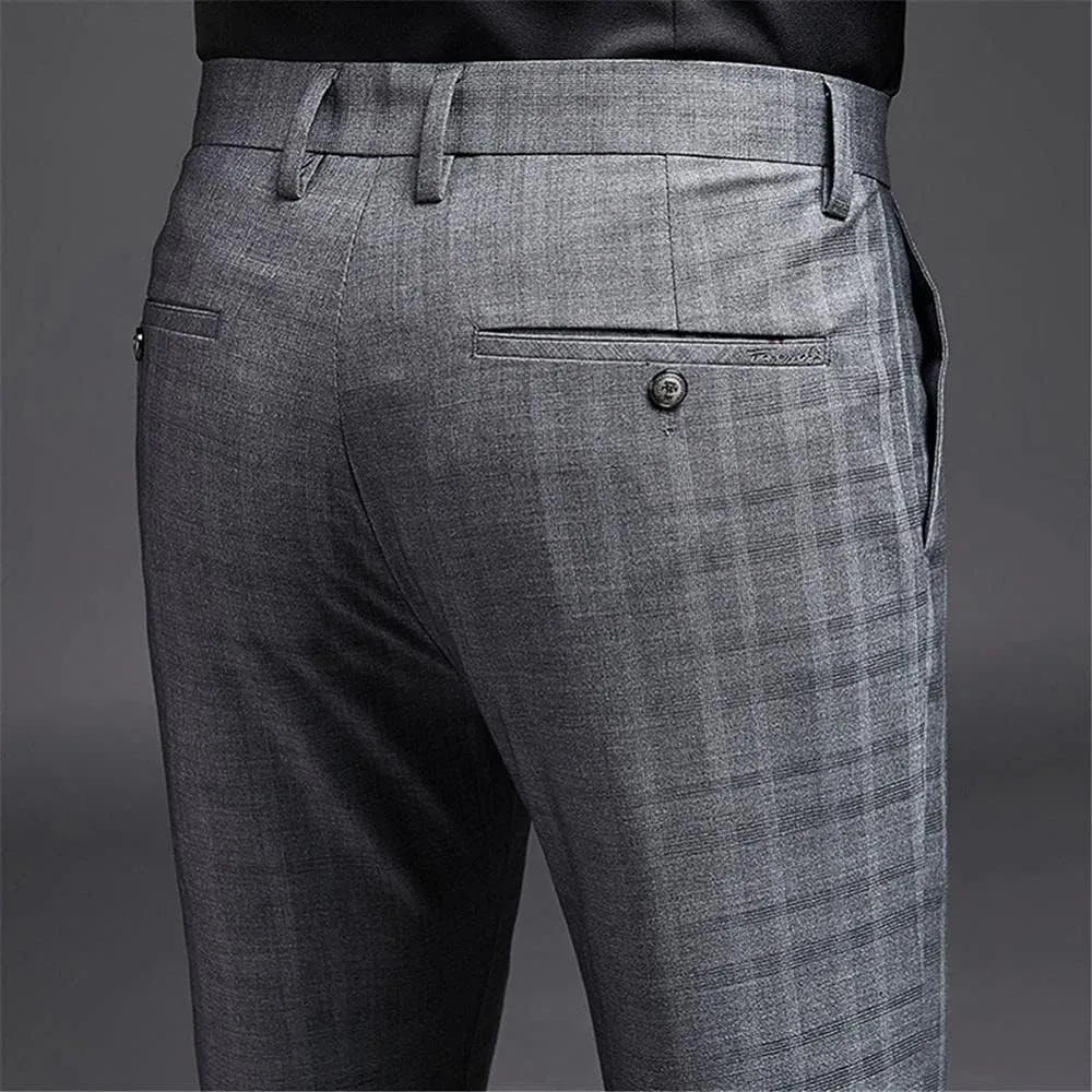 Mens Slim Fit Plaid Stretch Dress Pants Straight Leg Flat Front Skinny Suit Trousers with No Iron