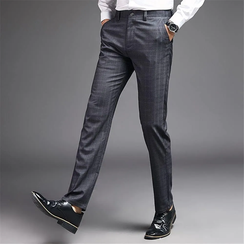 Mens Slim Fit Plaid Stretch Dress Pants Straight Leg Flat Front Skinny Suit Trousers with No Iron