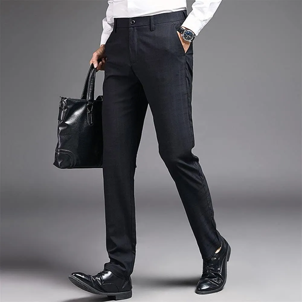 Mens Slim Fit Plaid Stretch Dress Pants Straight Leg Flat Front Skinny Suit Trousers with No Iron