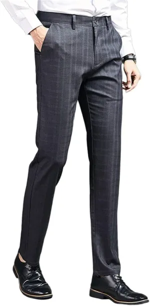 Mens Slim Fit Plaid Stretch Dress Pants Straight Leg Flat Front Skinny Suit Trousers with No Iron