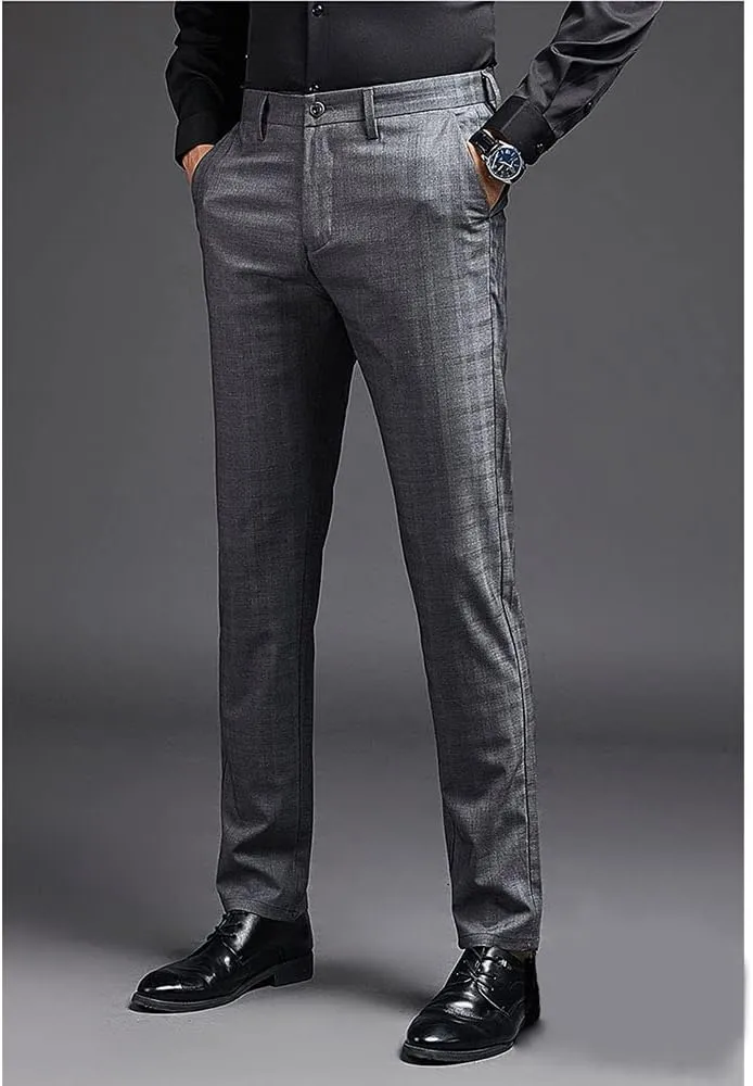 Mens Slim Fit Plaid Stretch Dress Pants Straight Leg Flat Front Skinny Suit Trousers with No Iron