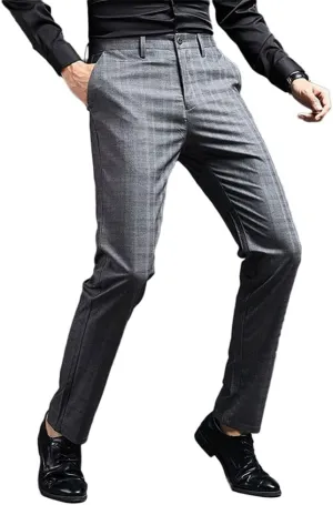 Mens Slim Fit Plaid Stretch Dress Pants Straight Leg Flat Front Skinny Suit Trousers with No Iron