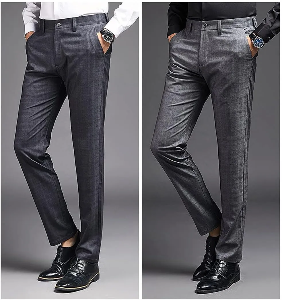 Mens Slim Fit Plaid Stretch Dress Pants Straight Leg Flat Front Skinny Suit Trousers with No Iron