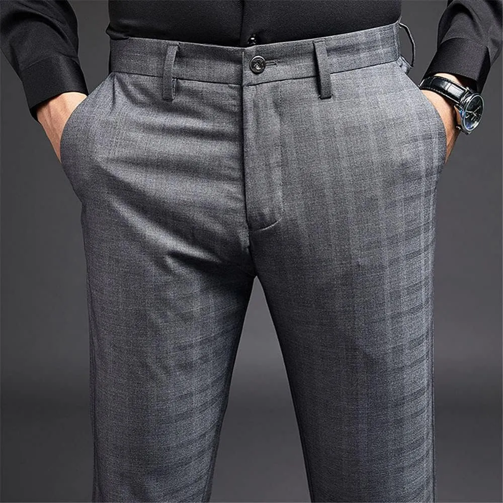 Mens Slim Fit Plaid Stretch Dress Pants Straight Leg Flat Front Skinny Suit Trousers with No Iron