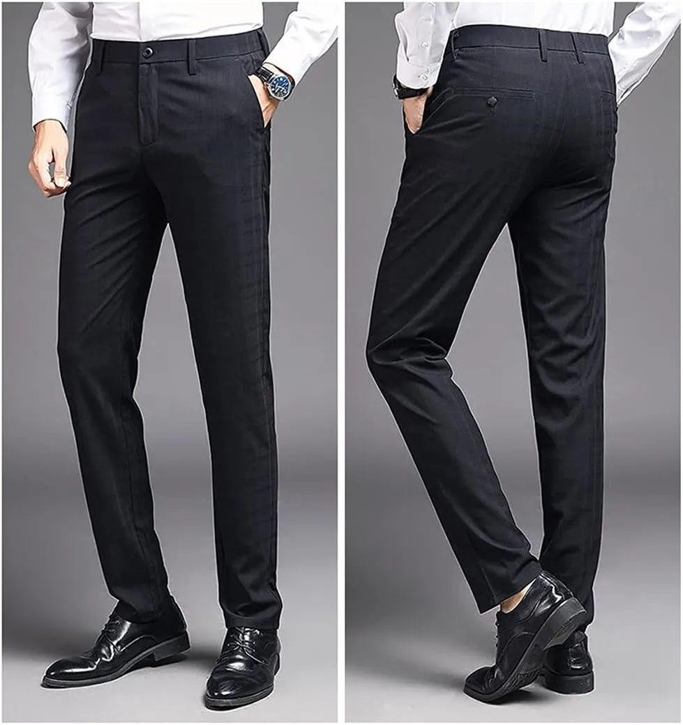 Mens Slim Fit Plaid Stretch Dress Pants Straight Leg Flat Front Skinny Suit Trousers with No Iron