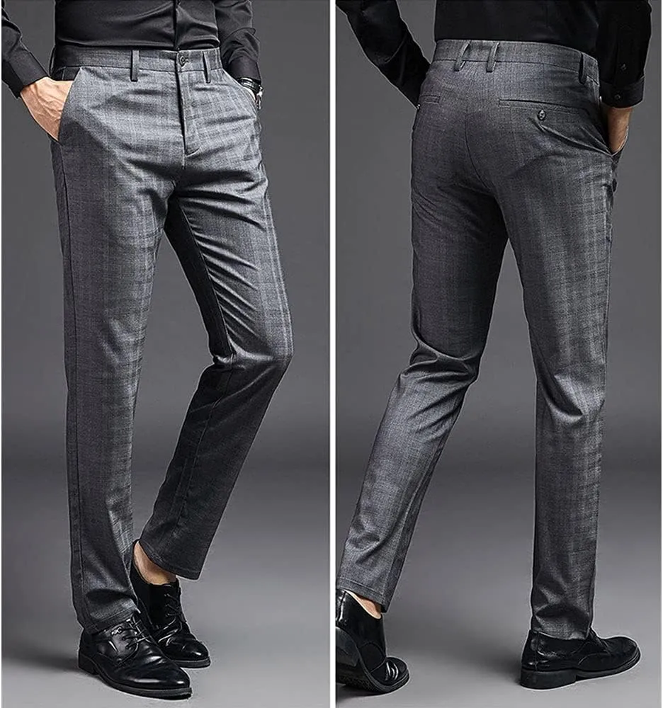 Mens Slim Fit Plaid Stretch Dress Pants Straight Leg Flat Front Skinny Suit Trousers with No Iron