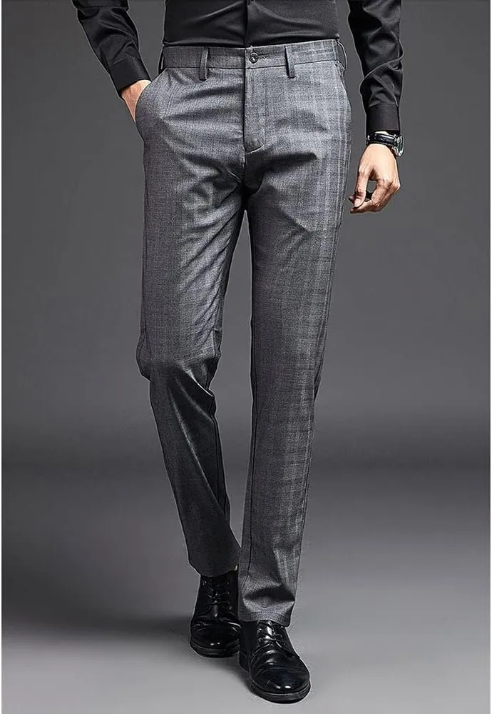 Mens Slim Fit Plaid Stretch Dress Pants Straight Leg Flat Front Skinny Suit Trousers with No Iron