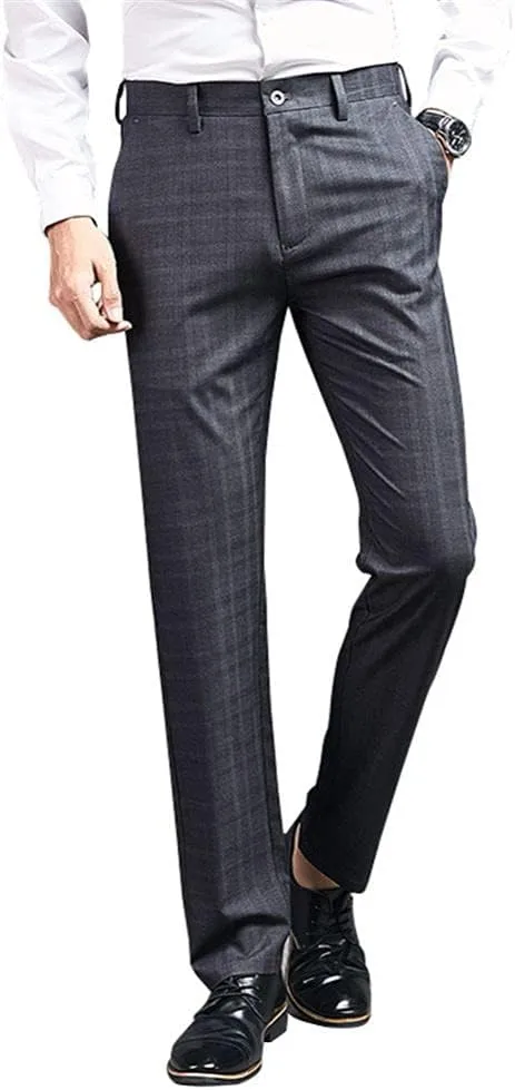 Mens Slim Fit Plaid Stretch Dress Pants Straight Leg Flat Front Skinny Suit Trousers with No Iron