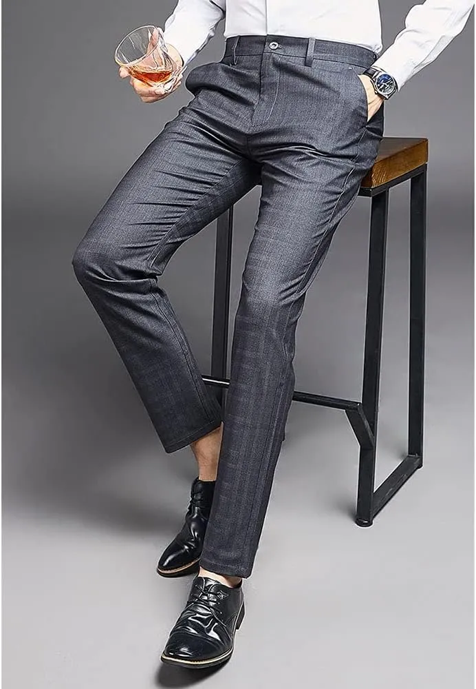 Mens Slim Fit Plaid Stretch Dress Pants Straight Leg Flat Front Skinny Suit Trousers with No Iron