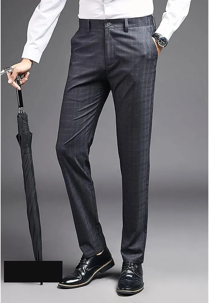 Mens Slim Fit Plaid Stretch Dress Pants Straight Leg Flat Front Skinny Suit Trousers with No Iron