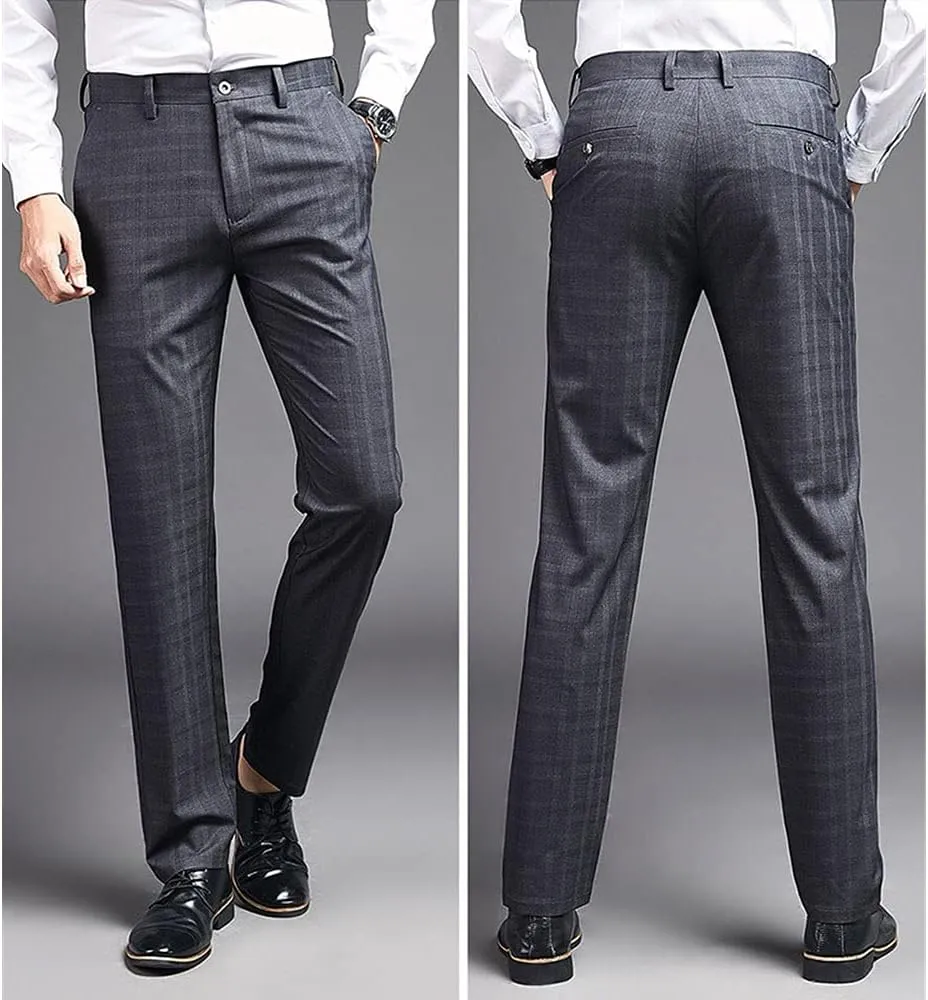 Mens Slim Fit Plaid Stretch Dress Pants Straight Leg Flat Front Skinny Suit Trousers with No Iron