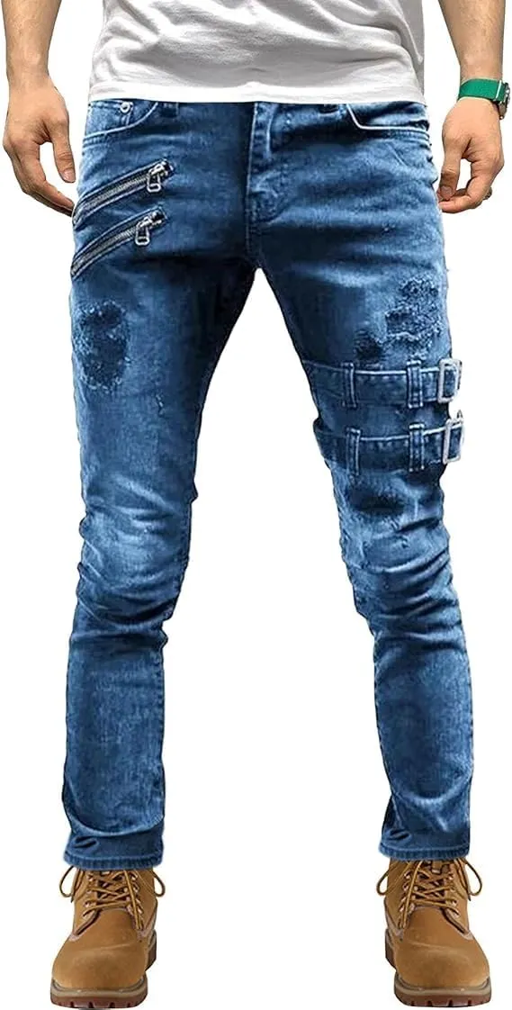 Men's Slim Fit Stretch Jeans Distressed Multi Pockets Cargo Denim Pants Fashion Ripped Skinny Jeans for Men