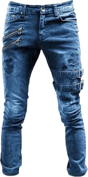 Men's Slim Fit Stretch Jeans Distressed Multi Pockets Cargo Denim Pants Fashion Ripped Skinny Jeans for Men