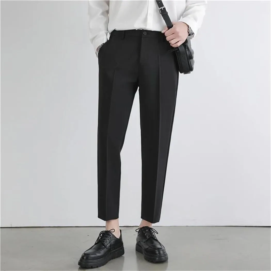 Men‘S Suit Pants Non-Iron Elastic Nine-Point Pants Breathable Wide Leg Casual Straight Trouser
