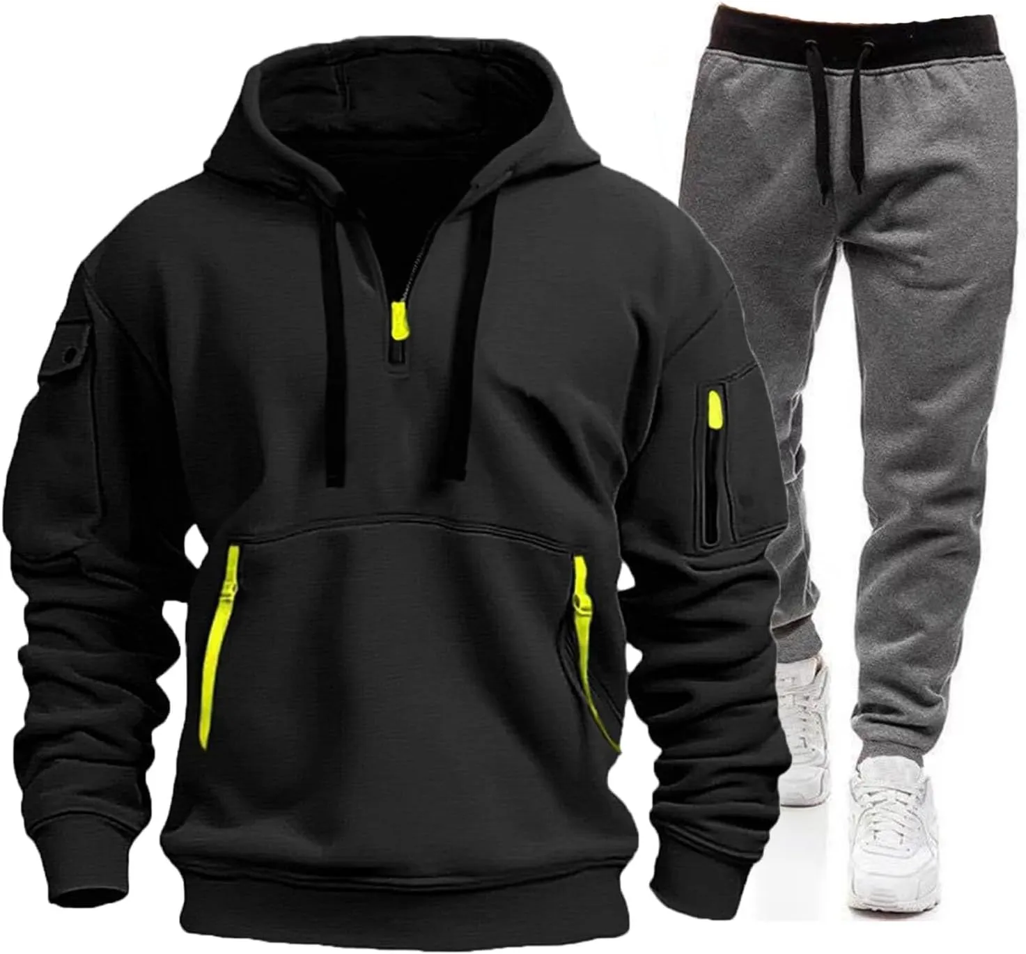 Mens Sweatsuits Two Hooded Pocket Pullover Sweater Pants Set Suits Men's Warm Up Suits Mens Velvet Top Black Track